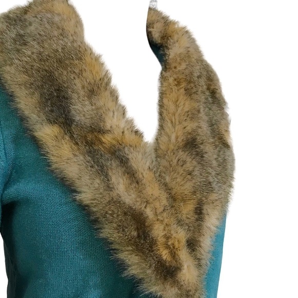 Cabi Tearoom 5 Button Cardigan In Teal Removable Faux Fur Collar #3018 Medium - Picture 5 of 10